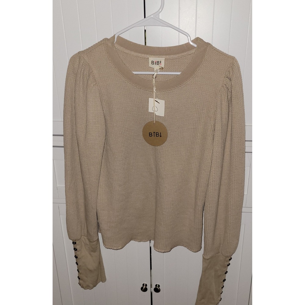 BIBI Tan Waffle Knit Puff Sleeve Button‎ Cuff Sweater Top Size L nwt